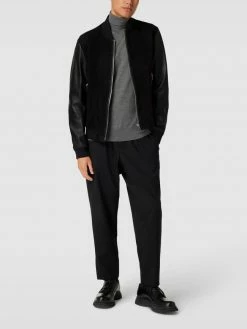 Aktion ? BOSS Lederjacke Mit Geripptem Rundhalsausschnitt Modell 'Malbano' - Schwarz ?