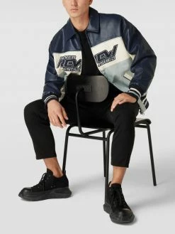 Schlussverkauf ⭐ REVIEW Lederjacke Mit Label-Stitching - Dunkelblau ⭐